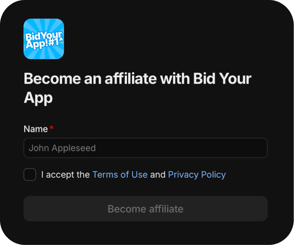 Whop's Become an affiliate with Bid Your App form: a name field, a terms checkbox, and a Become affiliate button.